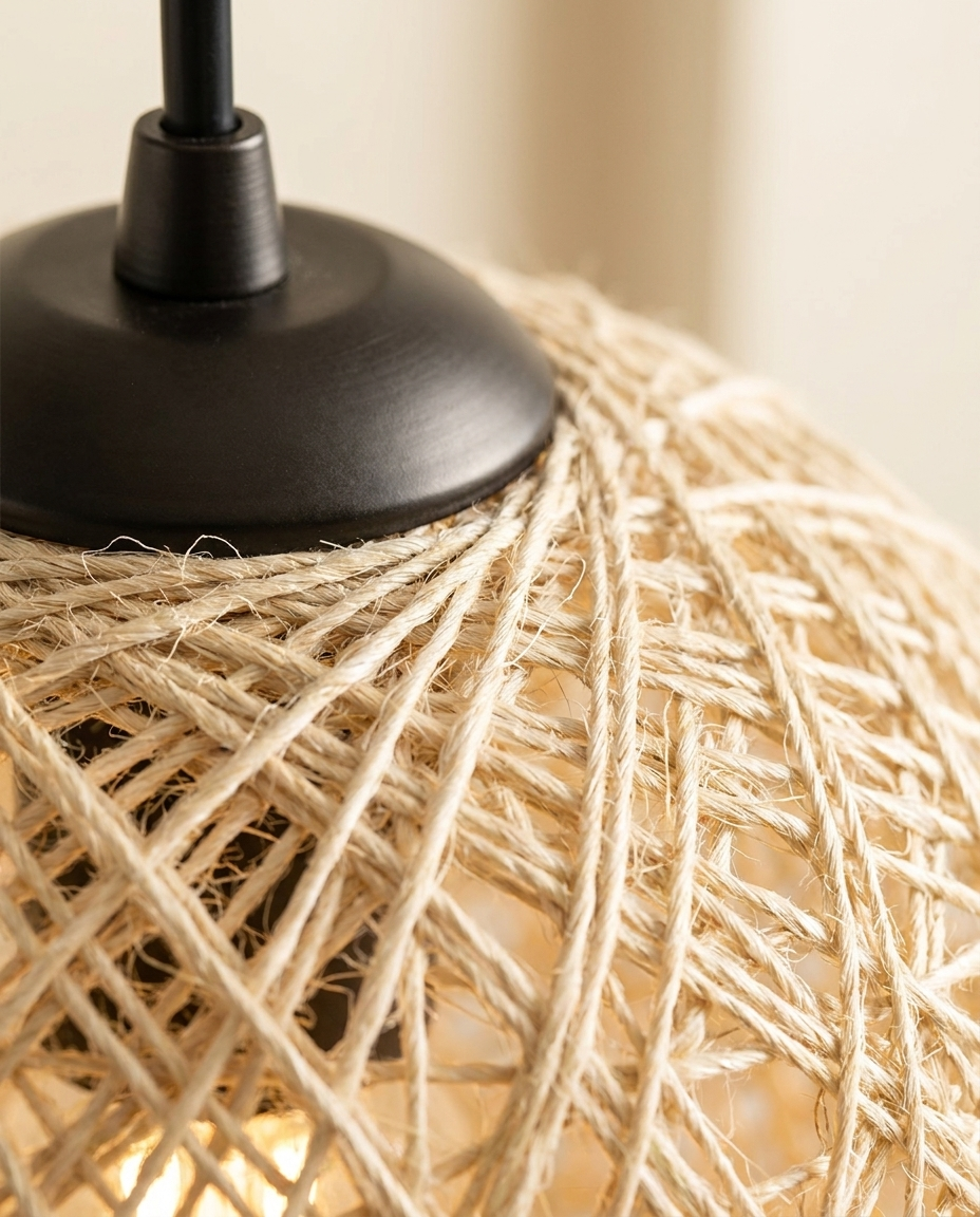 Close-up detail of the handwoven hemp texture and pendant fixture finish
