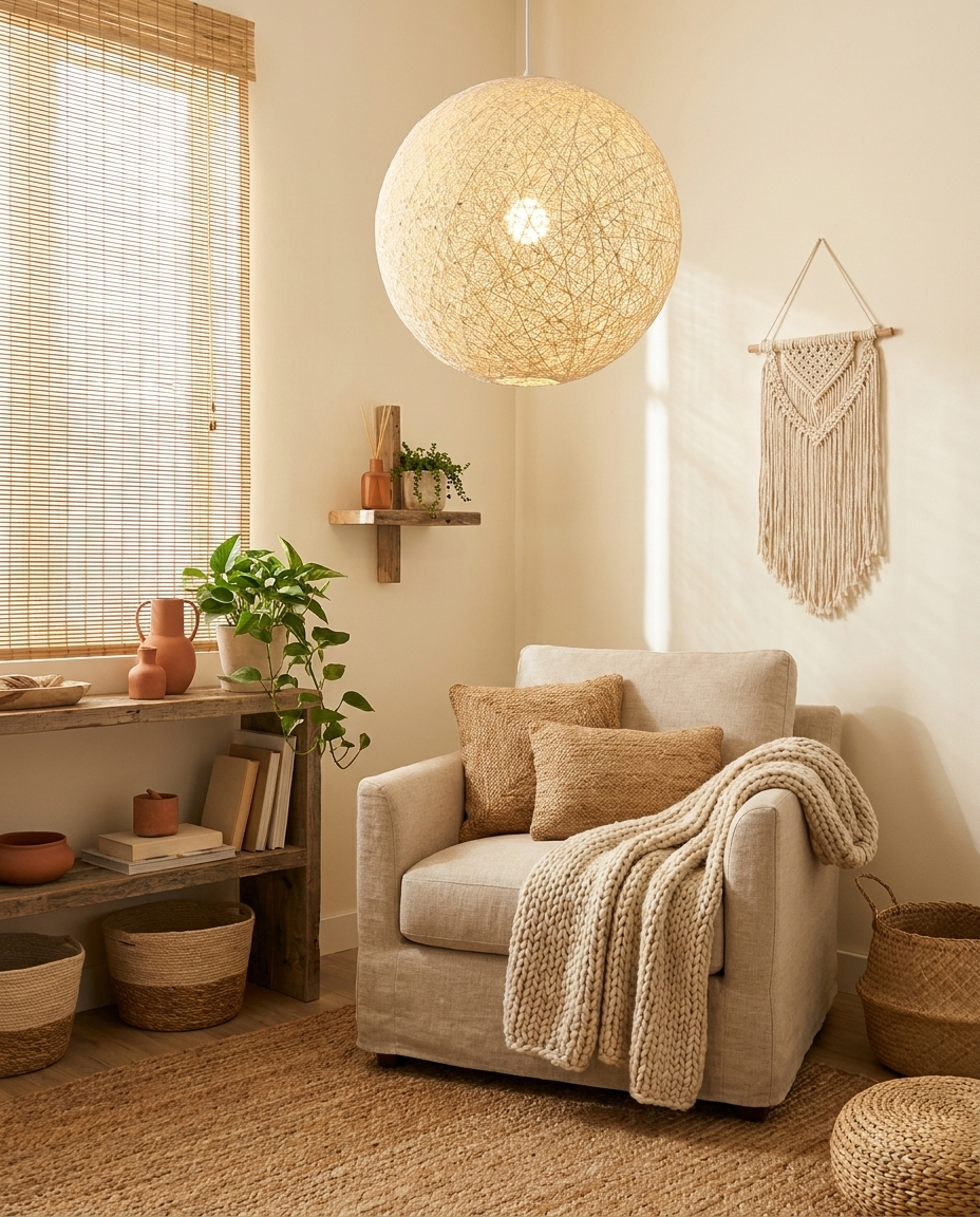 Handwoven hemp pendant light hanging above a natural-toned reading nook