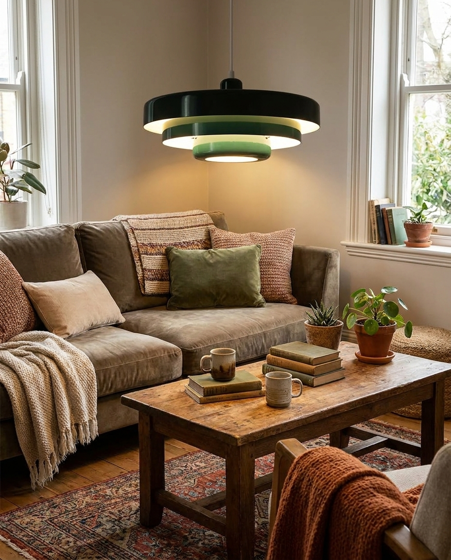 Vintage pendant light hanging over a warm inviting living room seating area