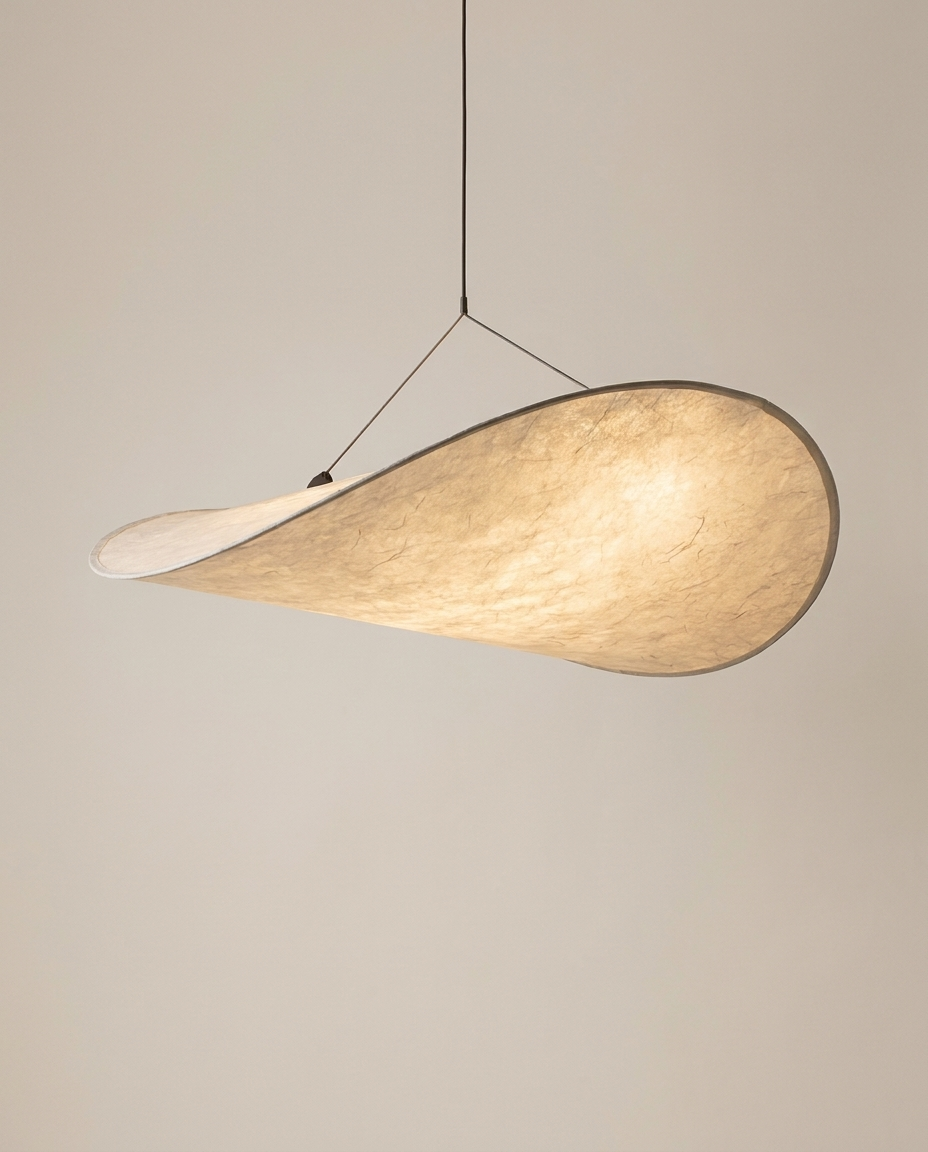 Handcrafted silk pendant light isolated on a clean neutral studio background