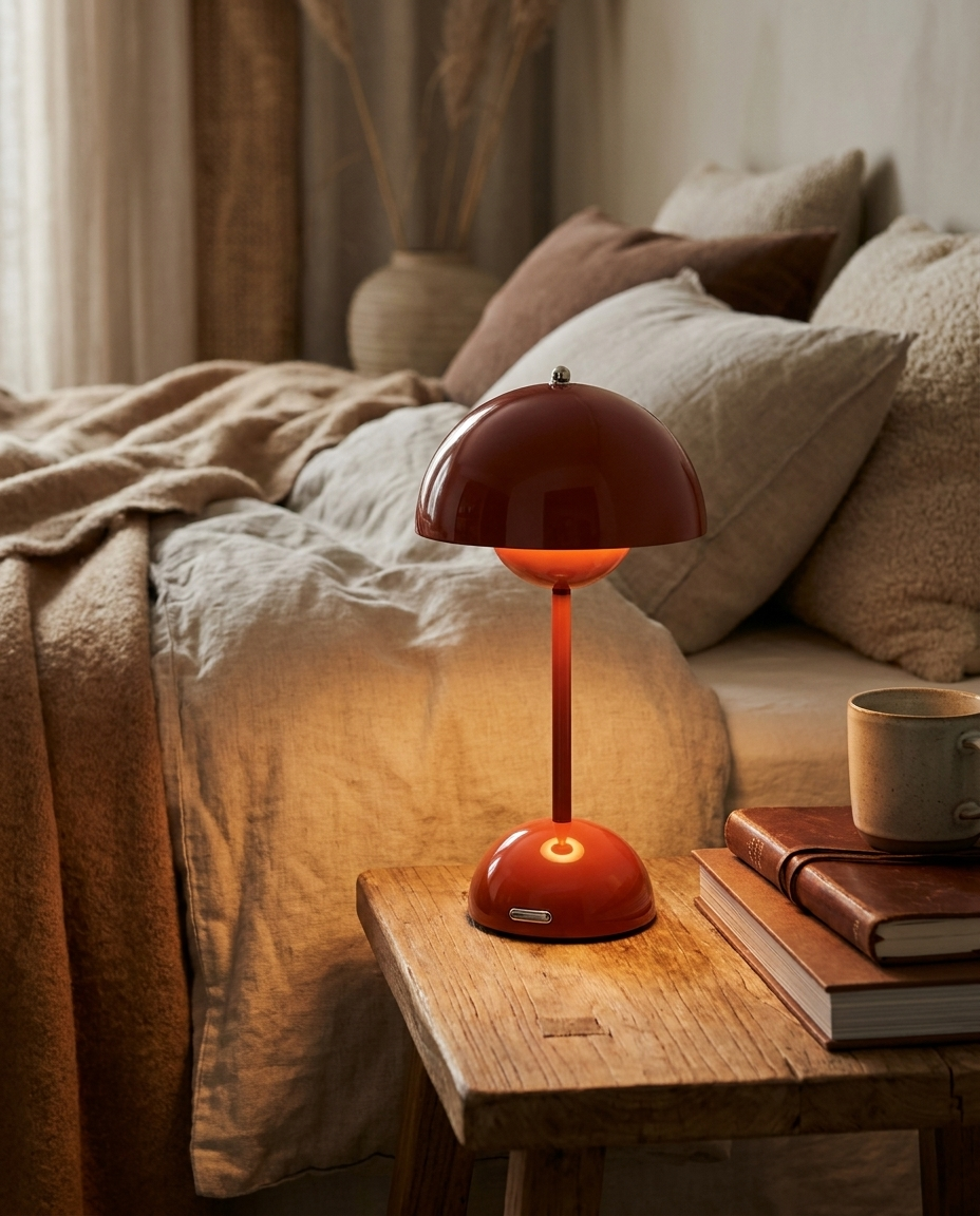 Cordless dimmable table lamp glowing on a bedside nightstand