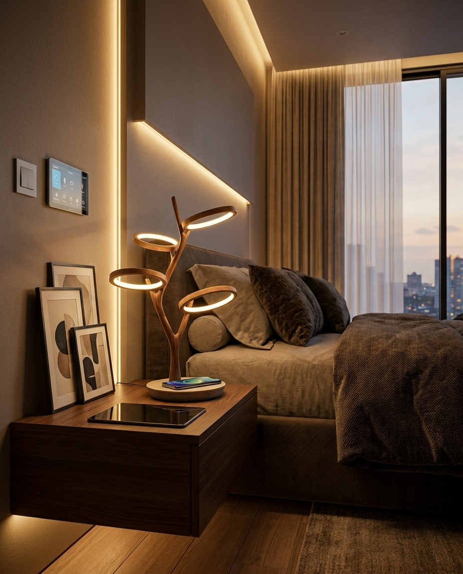 Modern table lamp with Bluetooth speaker and wireless charger on a sleek nightstand