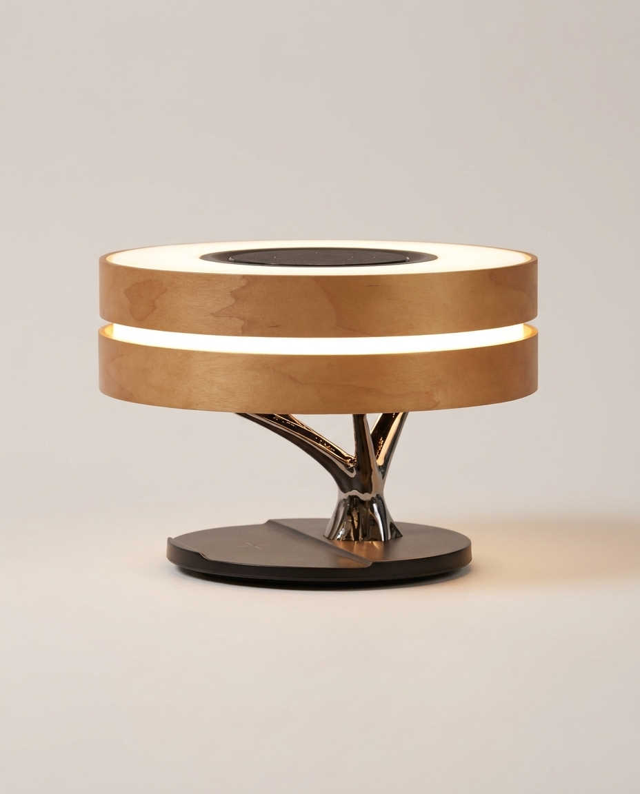 Modern table lamp with Bluetooth speaker isolated on a clean neutral studio background