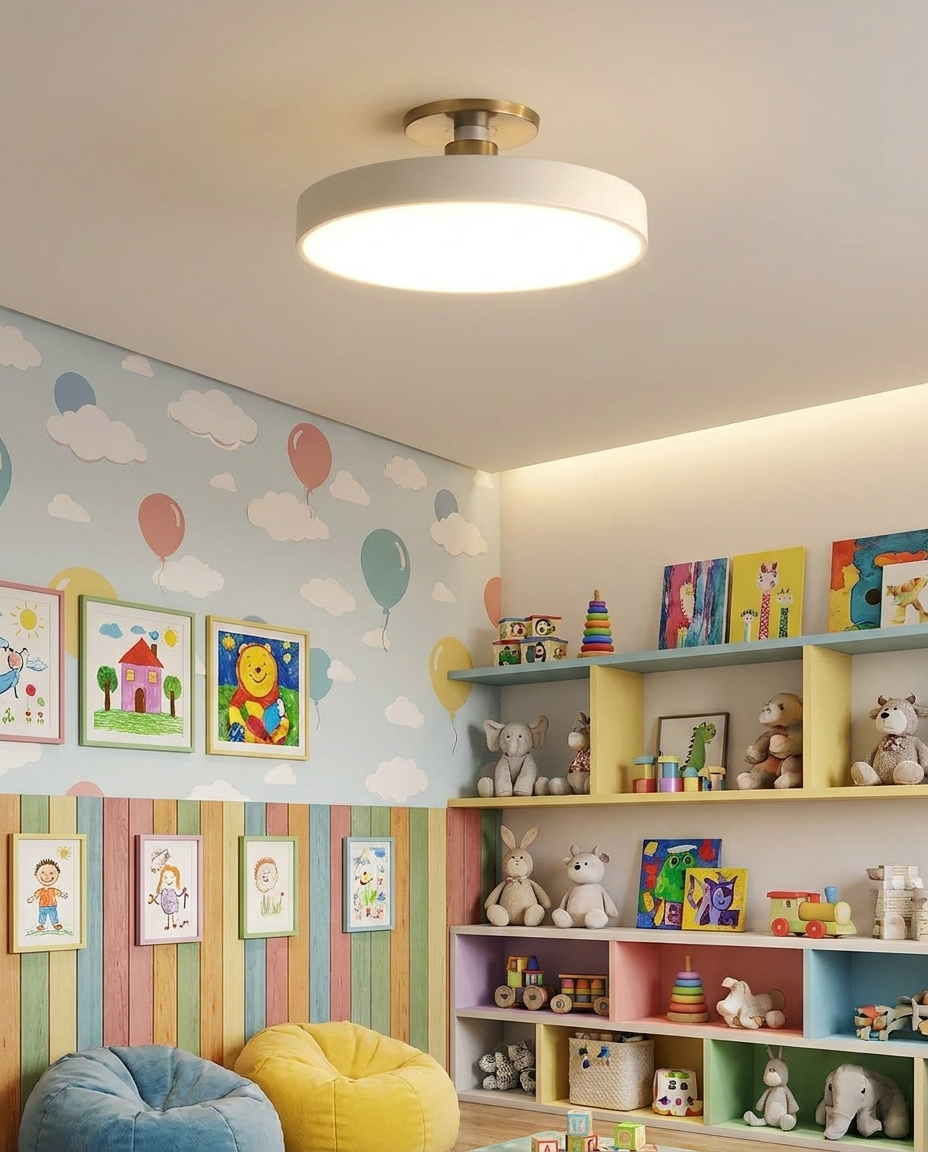 Flush mount ceiling light installed in a playful kids playroom