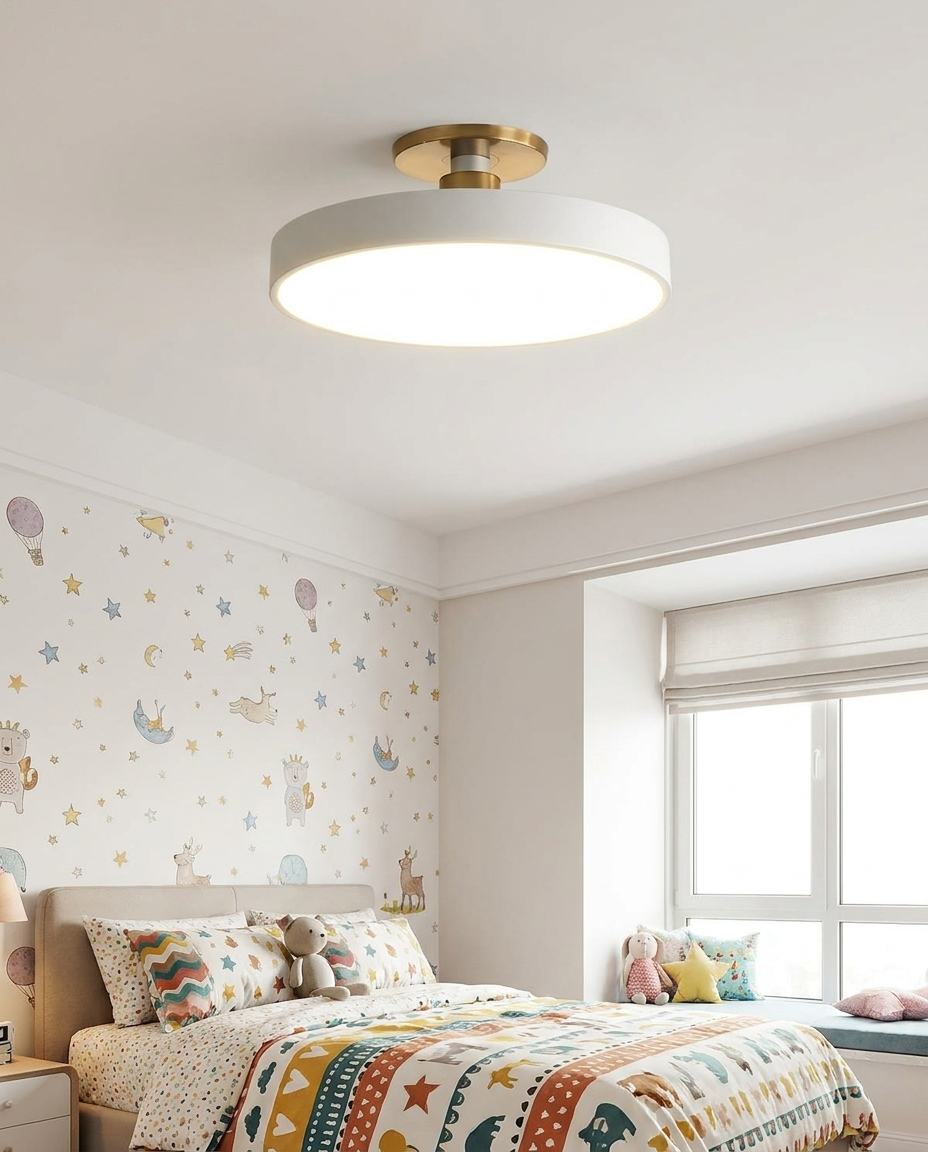 Flush mount ceiling light installed in a stylish children's bedroom