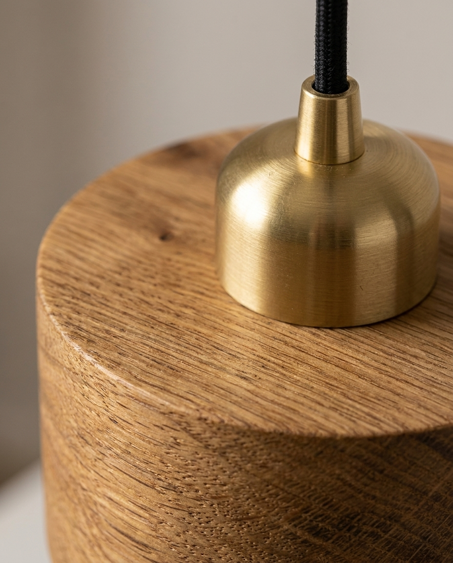 Close-up detail of the natural oak wood grain texture and pendant fixture finish