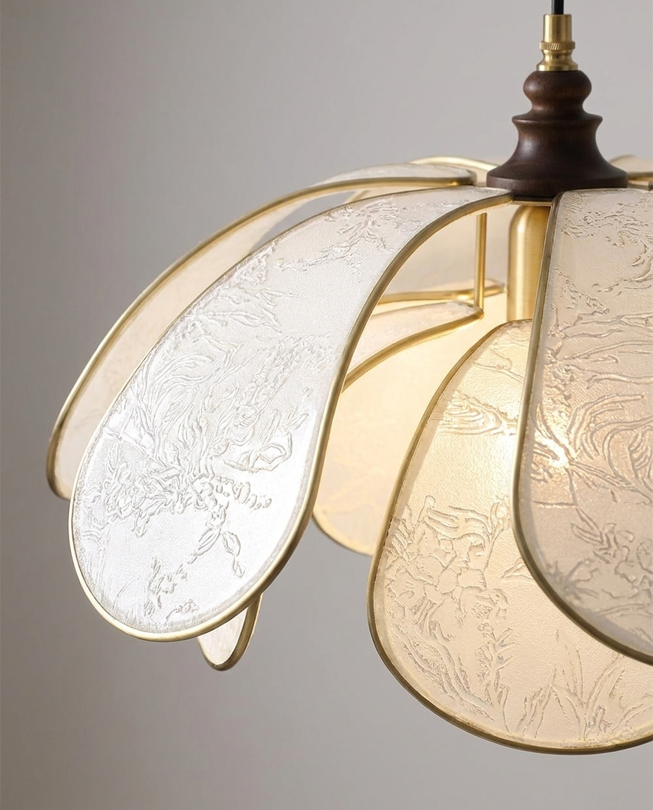 Close-up detail of the floral pendant fixture design and finish