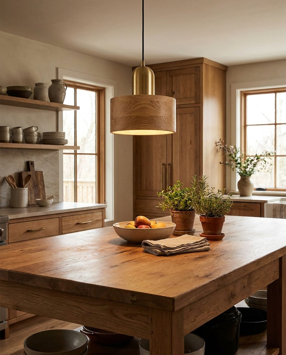 Elegant oak wood pendant light with natural aesthetic over a cozy kitchen island