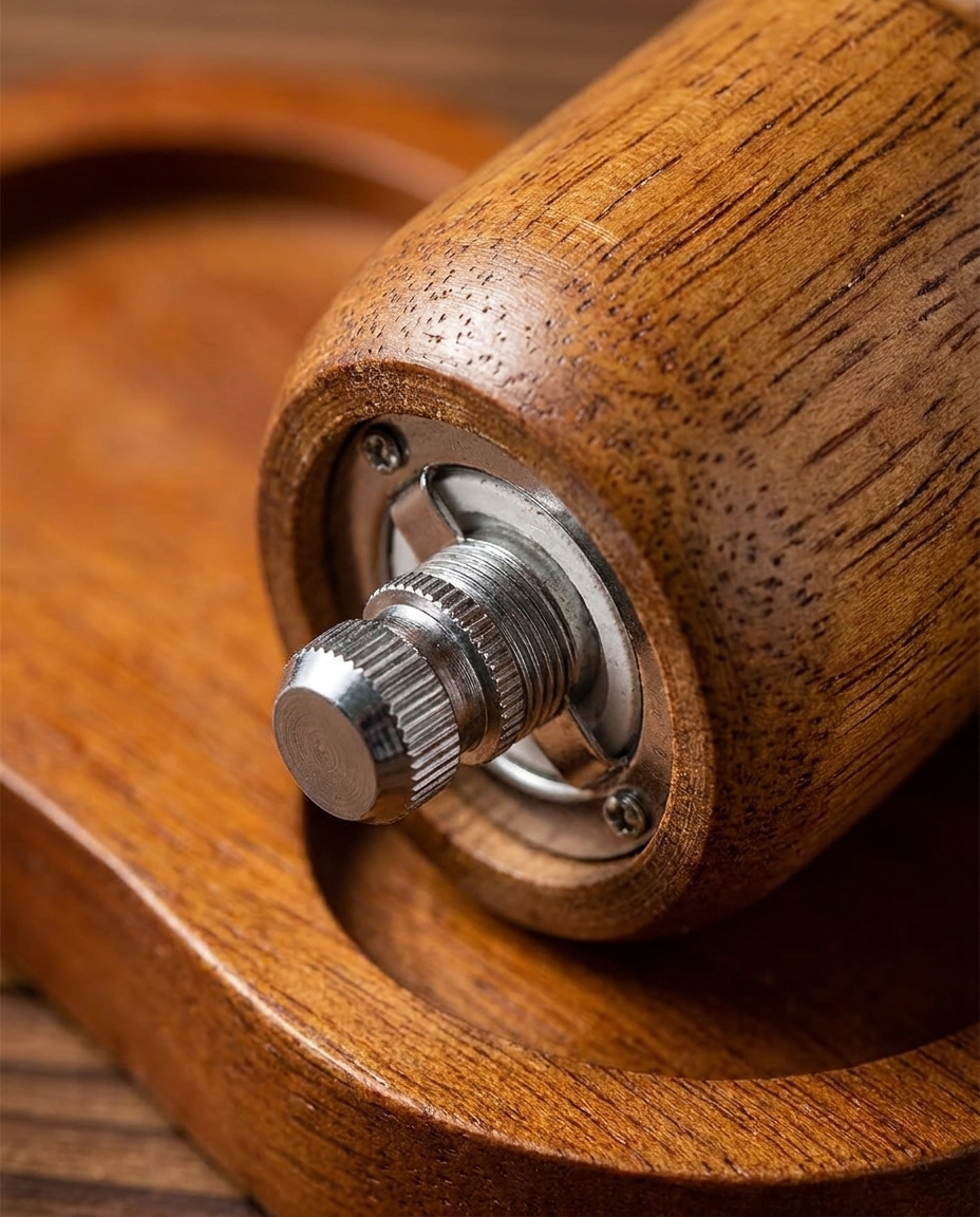 Close-up detail of the wooden grinder's adjustable coarseness mechanism and grain texture