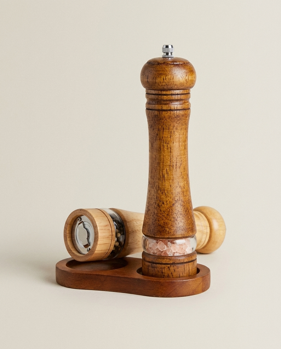 Wooden salt and pepper grinder set isolated on a clean neutral studio background