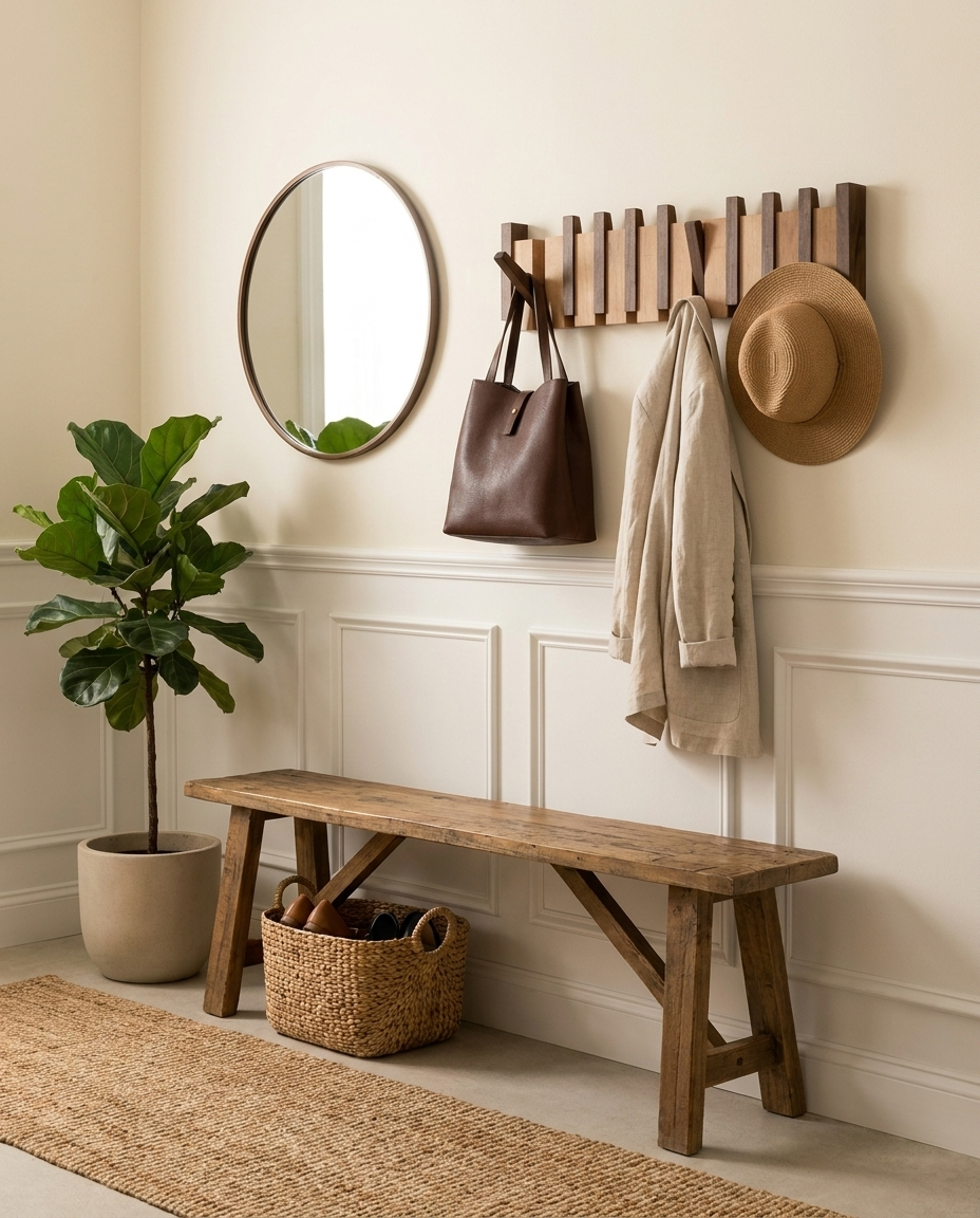 Kinjar wall mounted coat rack with foldable hooks in a stylish organized entryway