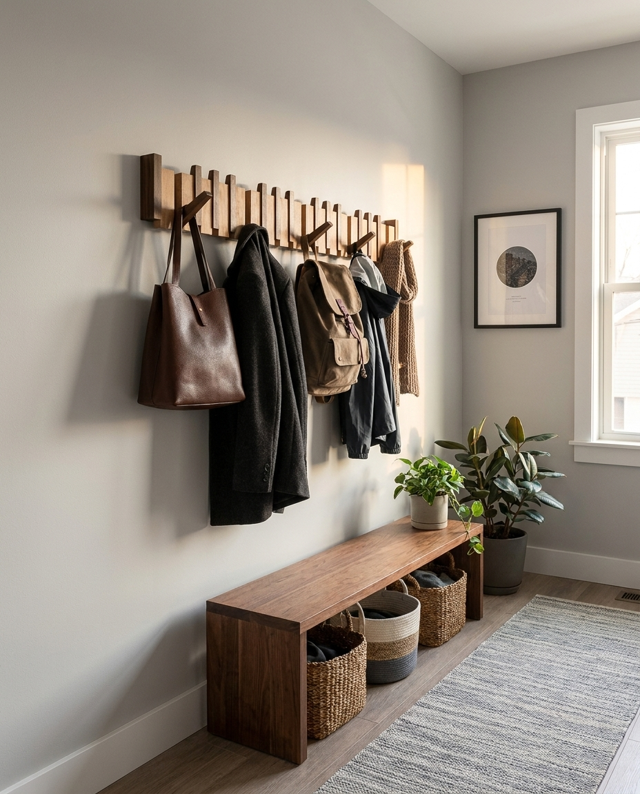 Wall mounted wooden coat rack with foldable hooks holding coats and bags