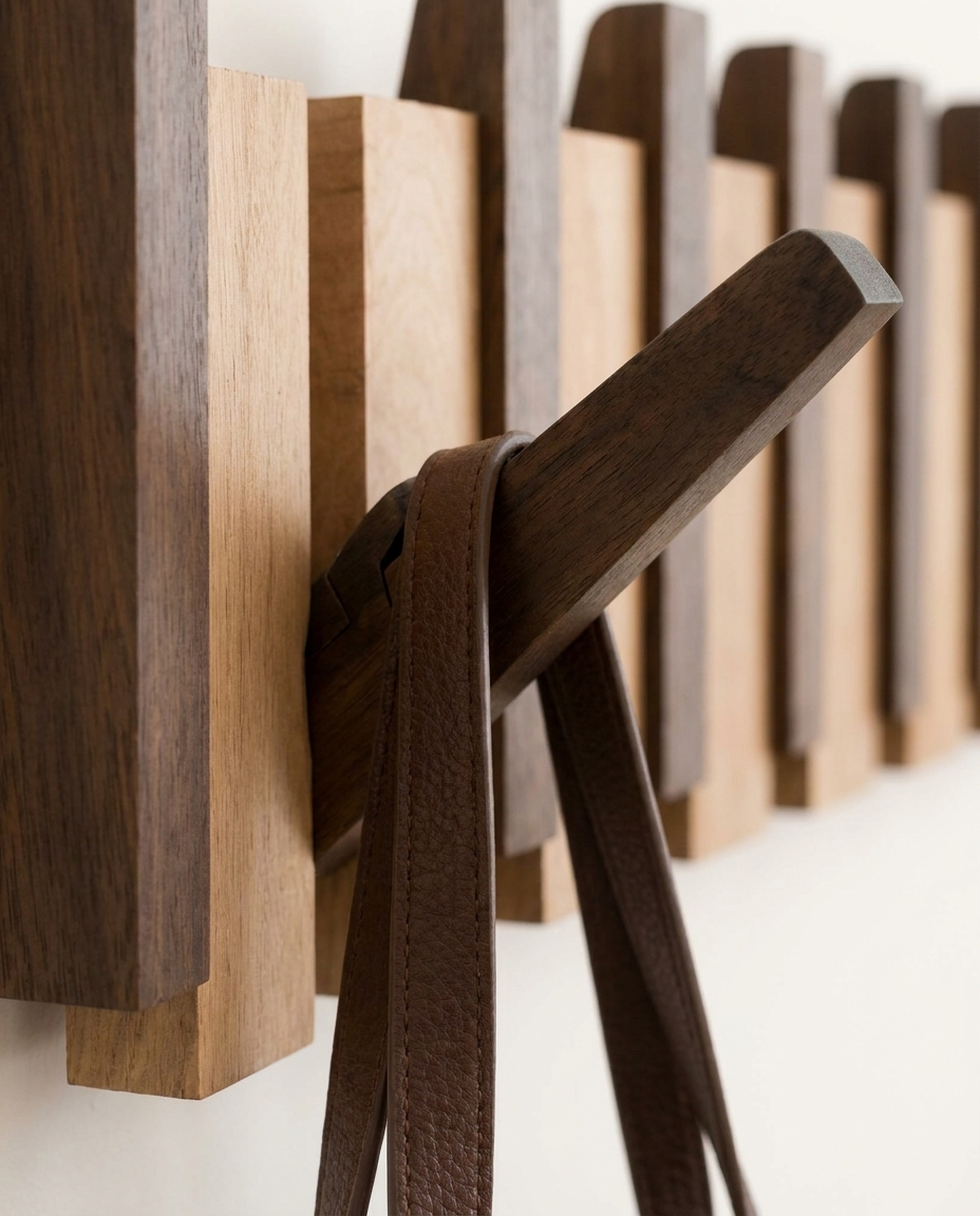 Close-up detail of the foldable hook mechanism and wooden coat rack finish