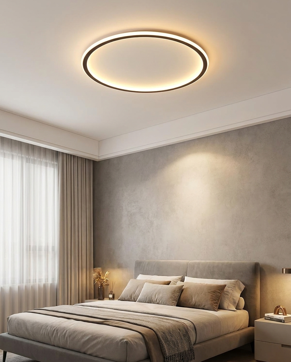 Flush mount ceiling light installed in a serene minimalist bedroom