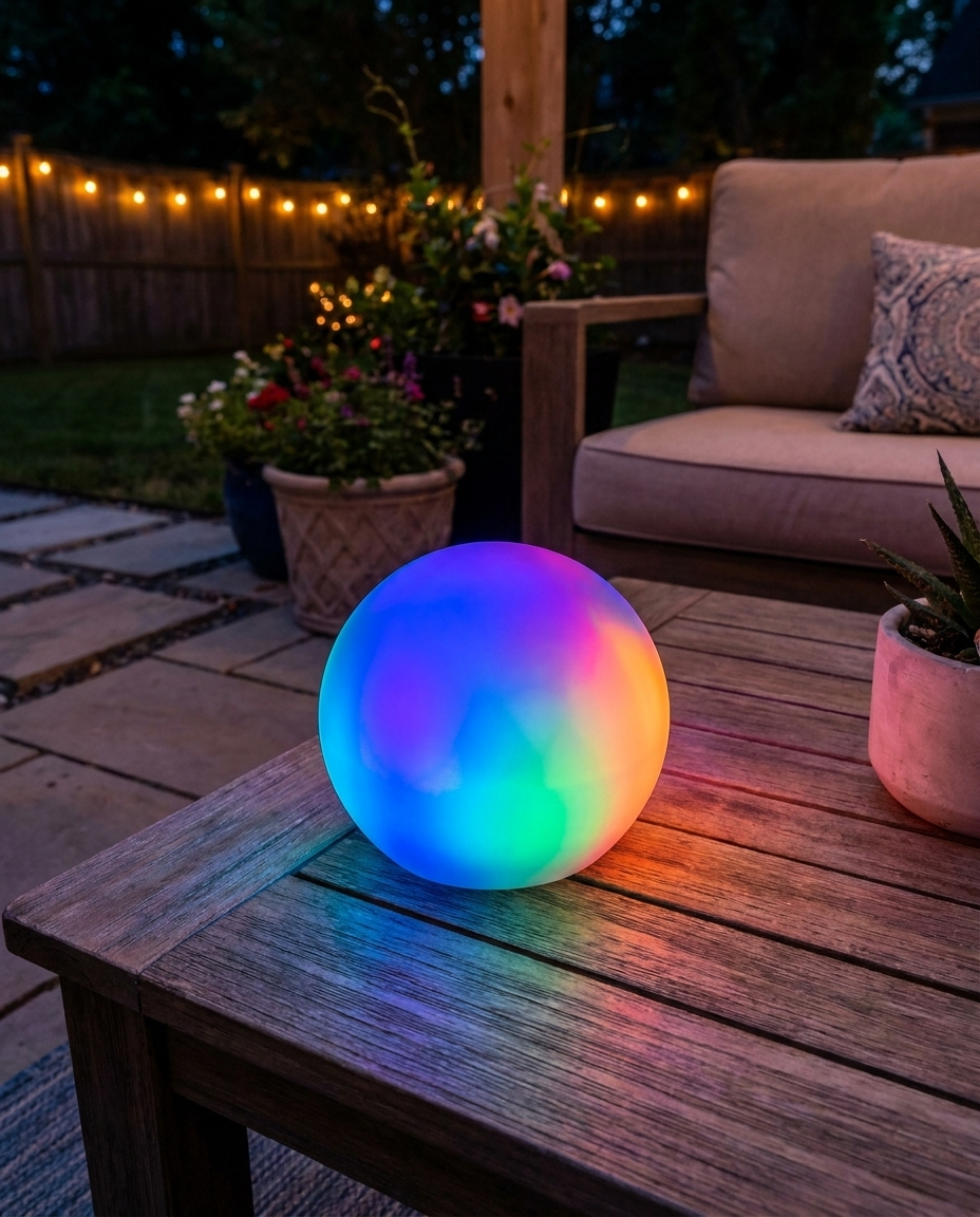 Elegant cordless portable table lamp with vibrant color LED glow on an outdoor patio table