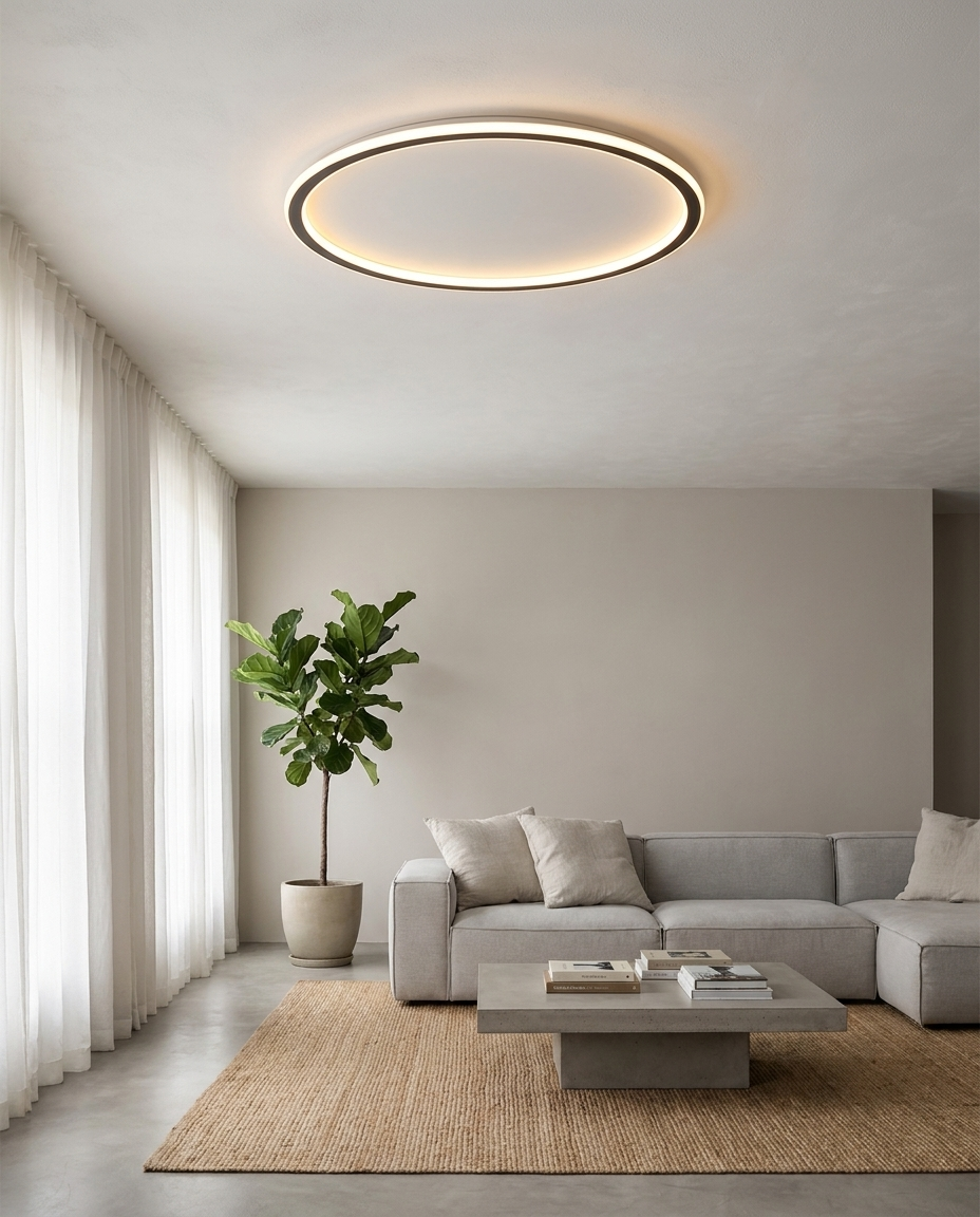 Flush mount ceiling light with integrated LED in a modern minimalist living room