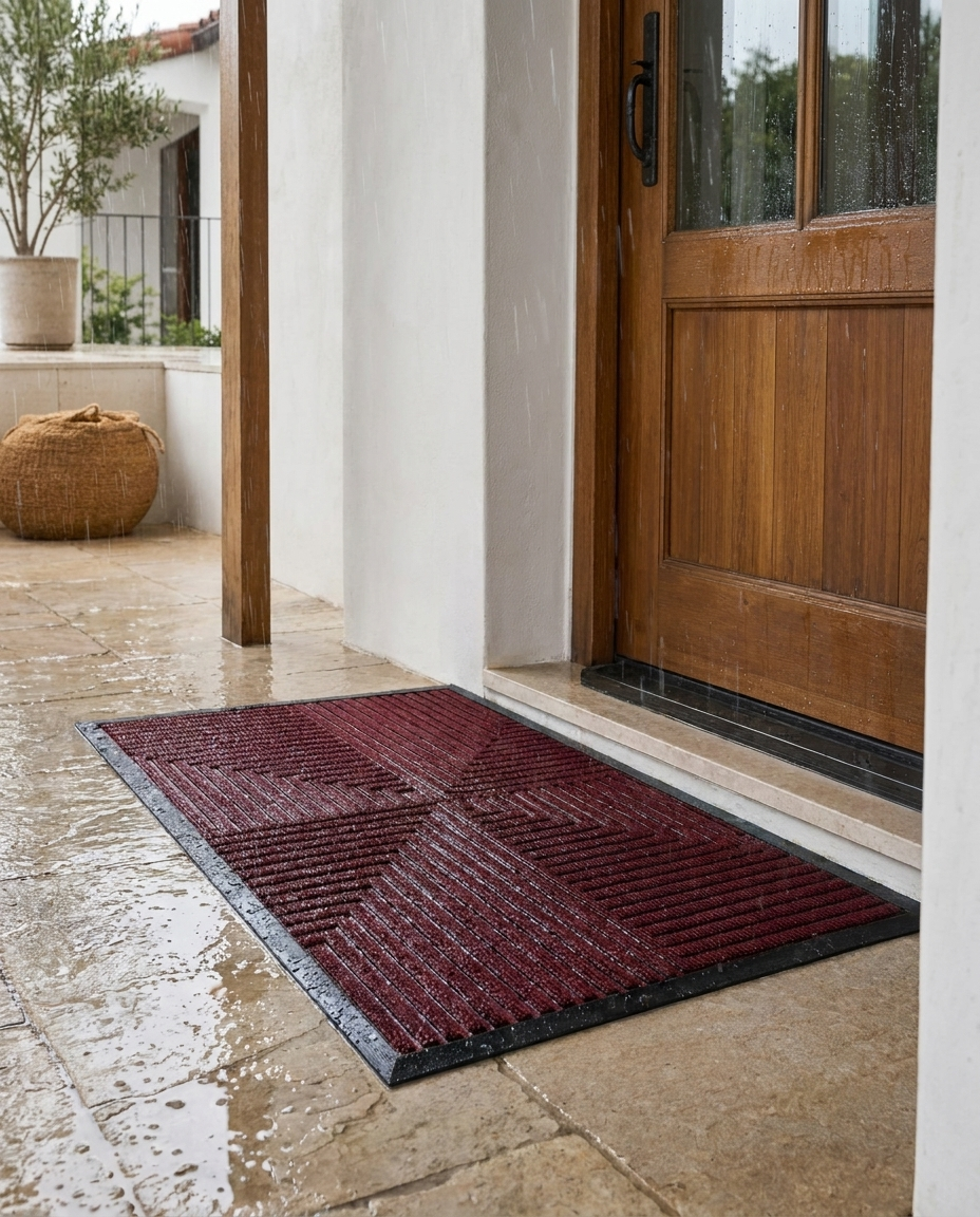 Anti-slip waterproof striped doormat outside a patio door in a rainy outdoor setting