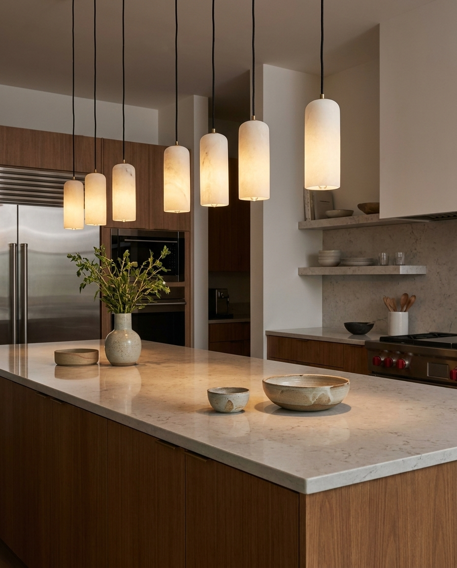 Elegant alabaster globe pendant light with adjustable height over a modern kitchen island