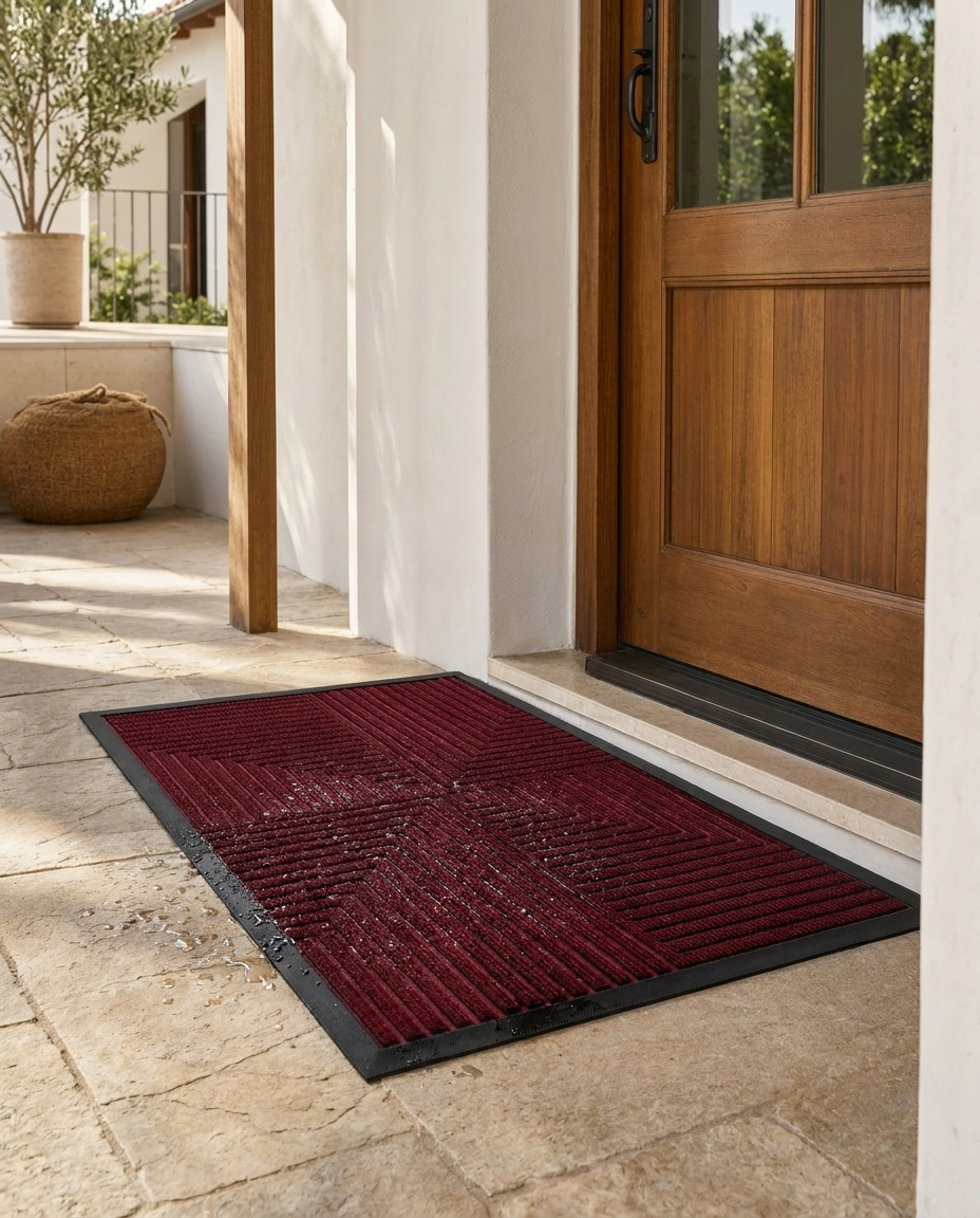 Heavy-duty anti-slip waterproof striped doormat at a modern front entryway