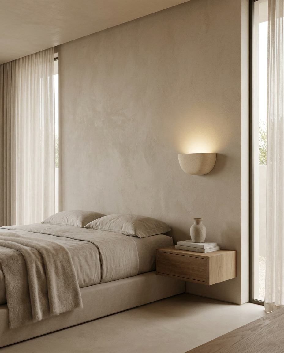 Minimalist half bowl wall light with textured finish mounted in a serene bedroom
