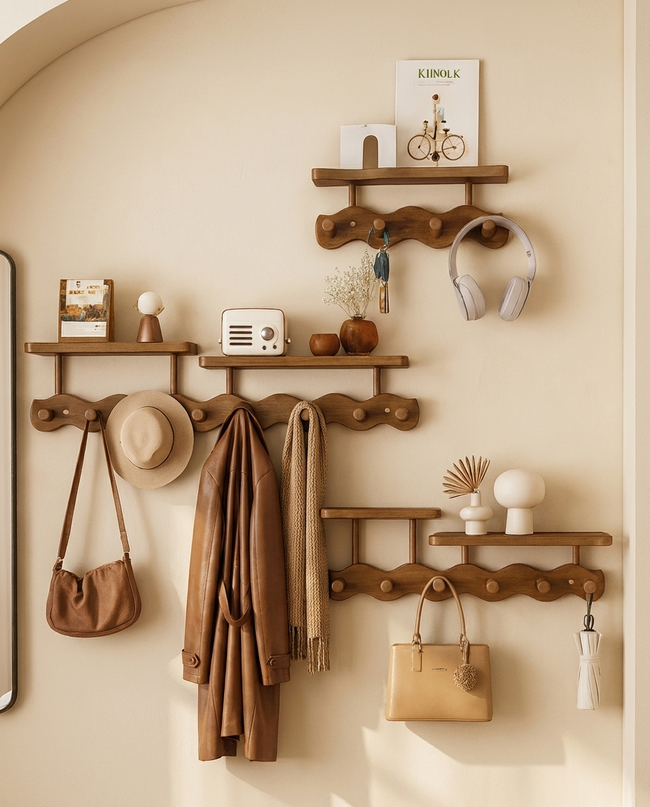 Bamboo wall mounted coat rack with shelf holding keys, hats, and coats