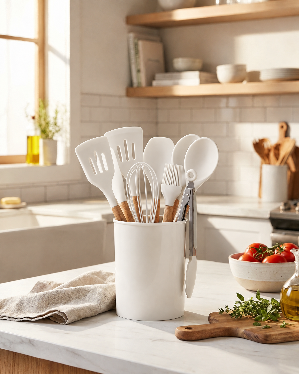 11-Piece Silicone Cooking Utensil Set | Wooden Handles — White