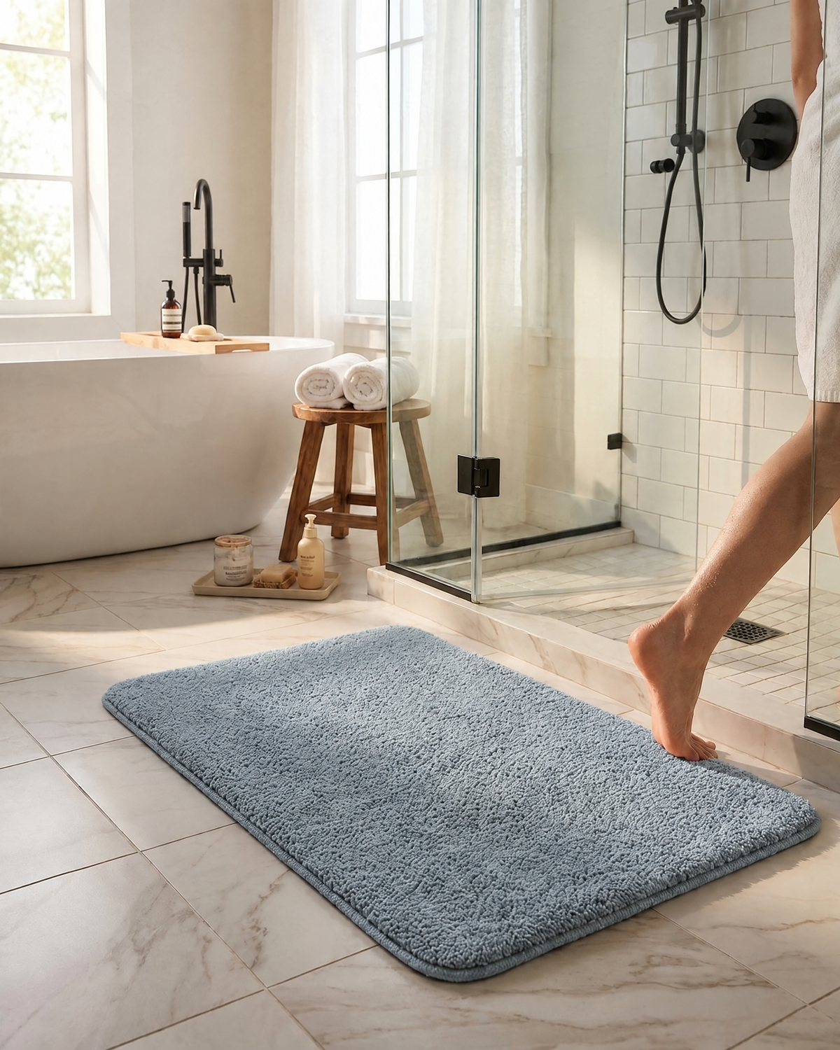 Plush Non-Slip Bath Mat | Absorbent Bathroom Safety Mat — Blue