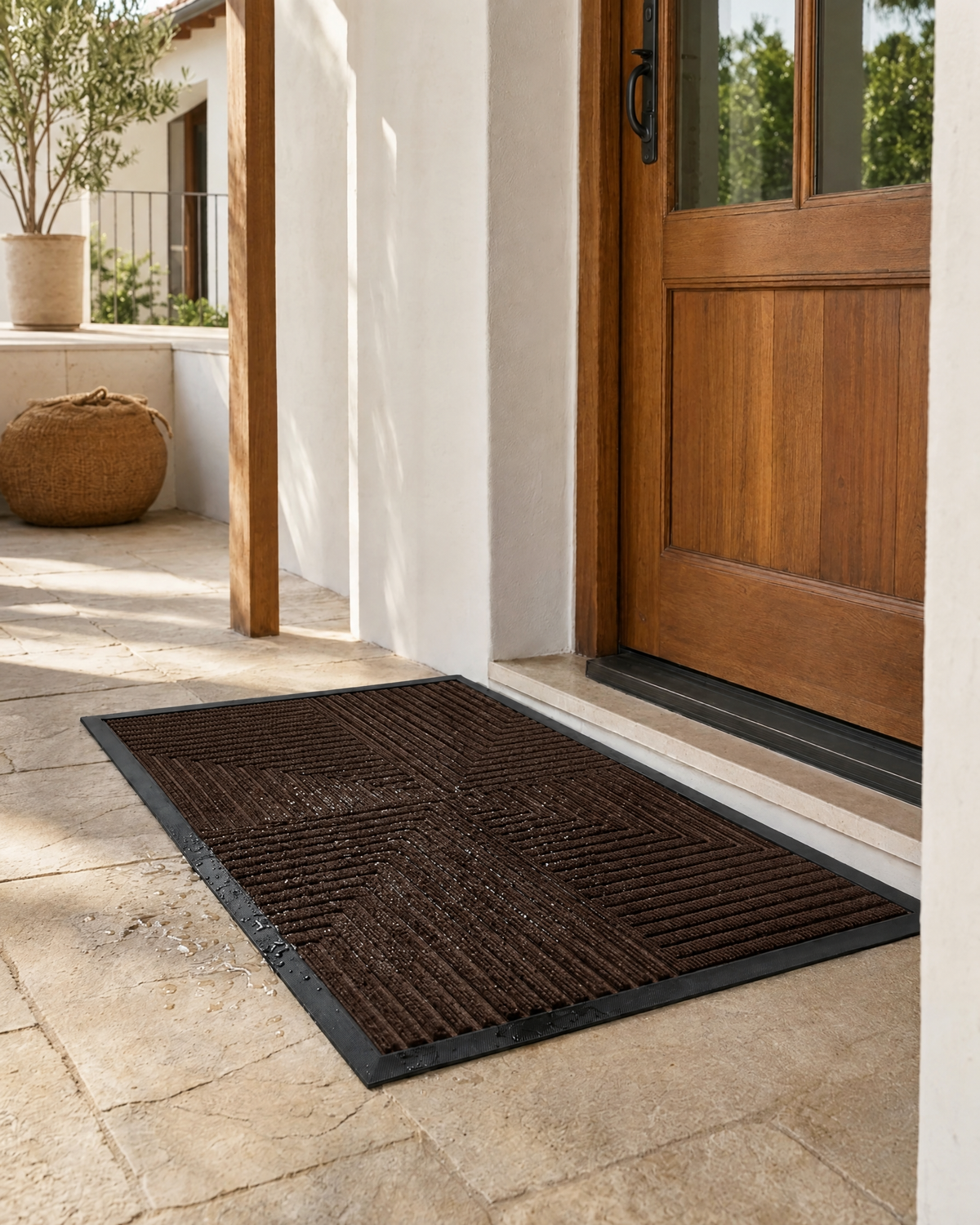 Anti-Slip Doormat | Heavy-Duty Waterproof Striped Entrance Mat — Brown