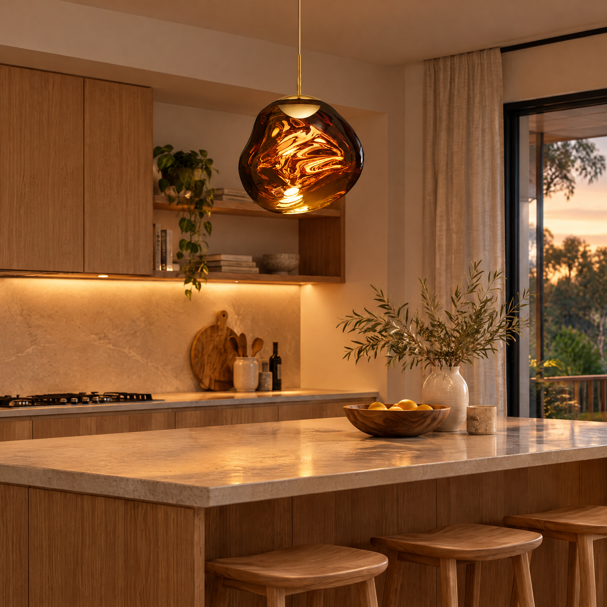 Gold pendant light above a kitchen island
