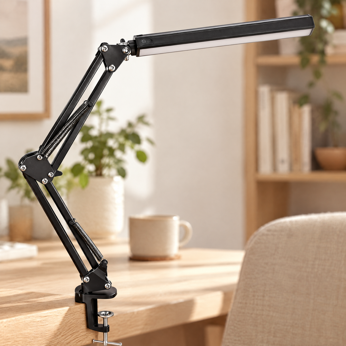 Swing arm LED desk lamp close-up detail