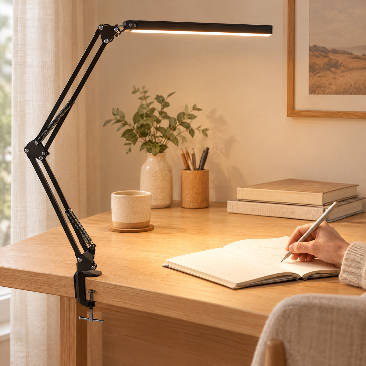 Swing arm LED desk lamp in use
