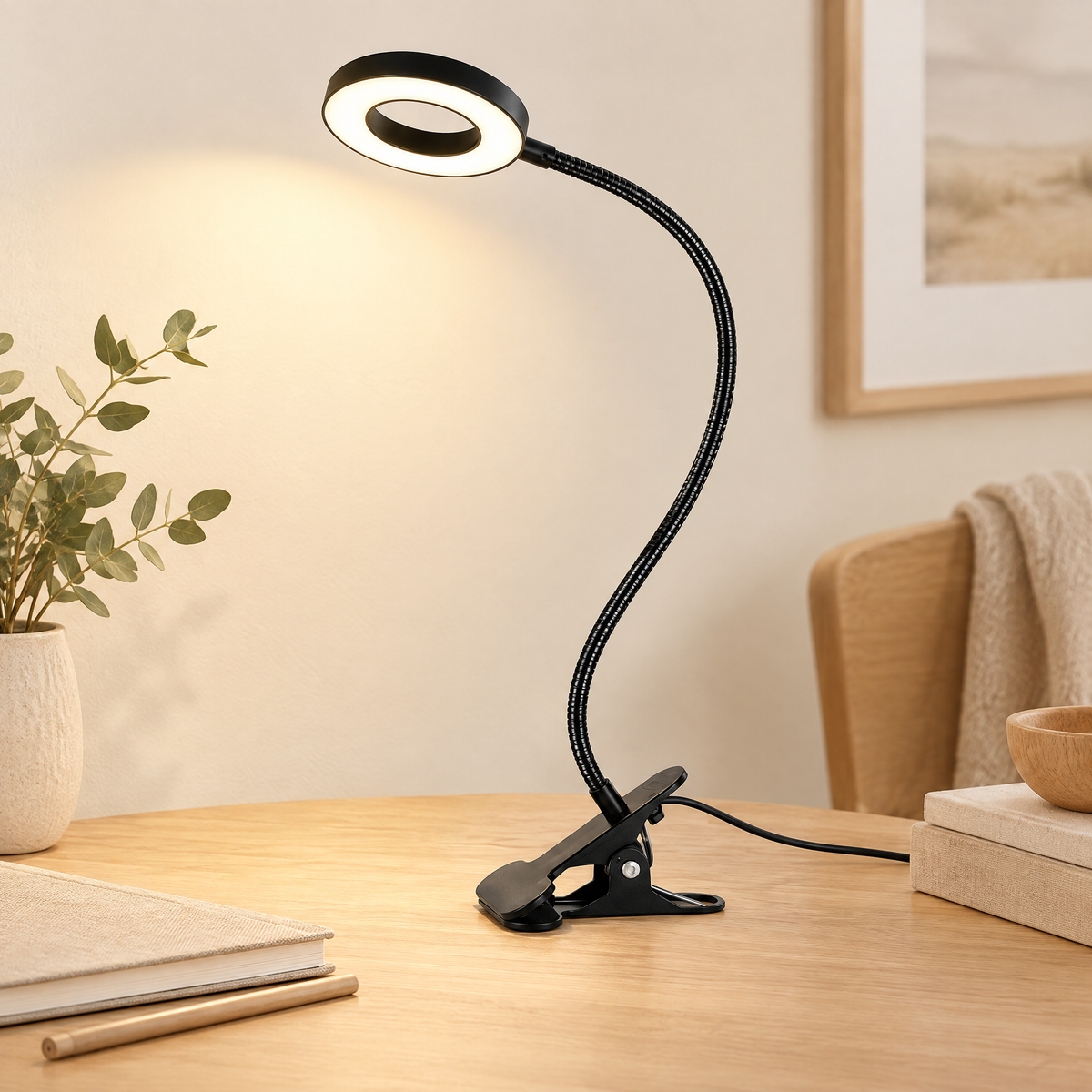 Clip-on gooseneck reading lamp on a plain background