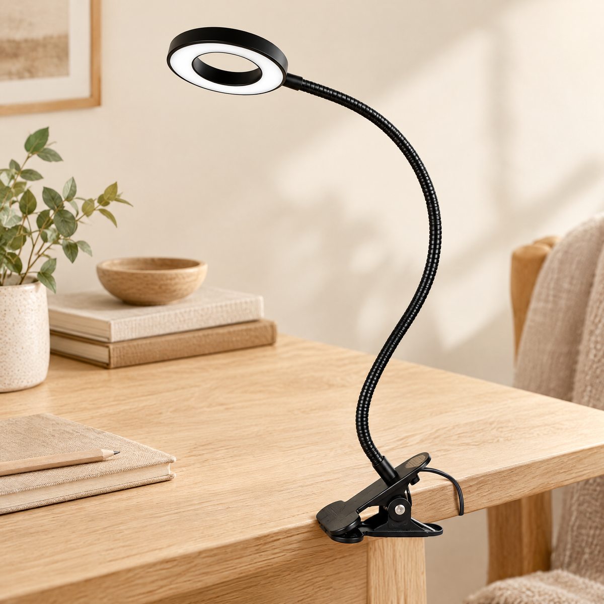 Clip-on gooseneck reading lamp side view