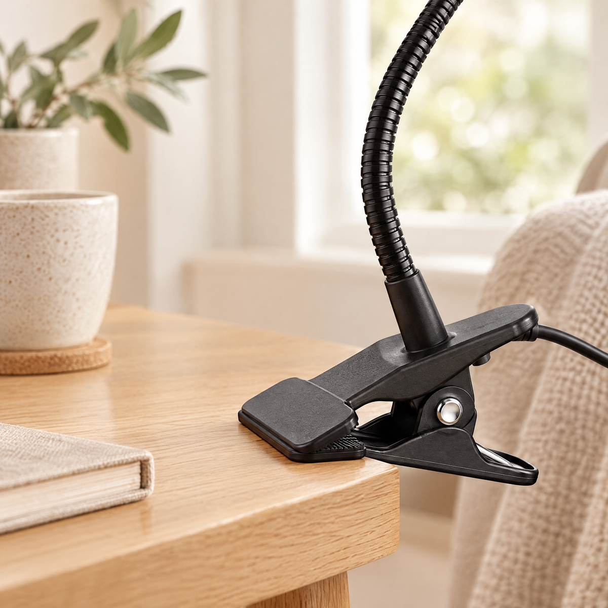 Clip-on gooseneck reading lamp close-up detail