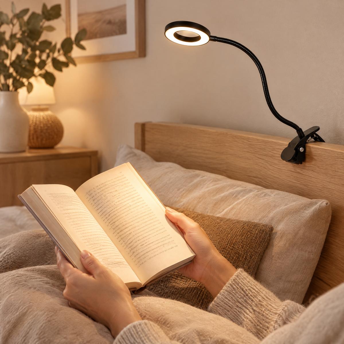 Clip-on gooseneck reading lamp in use