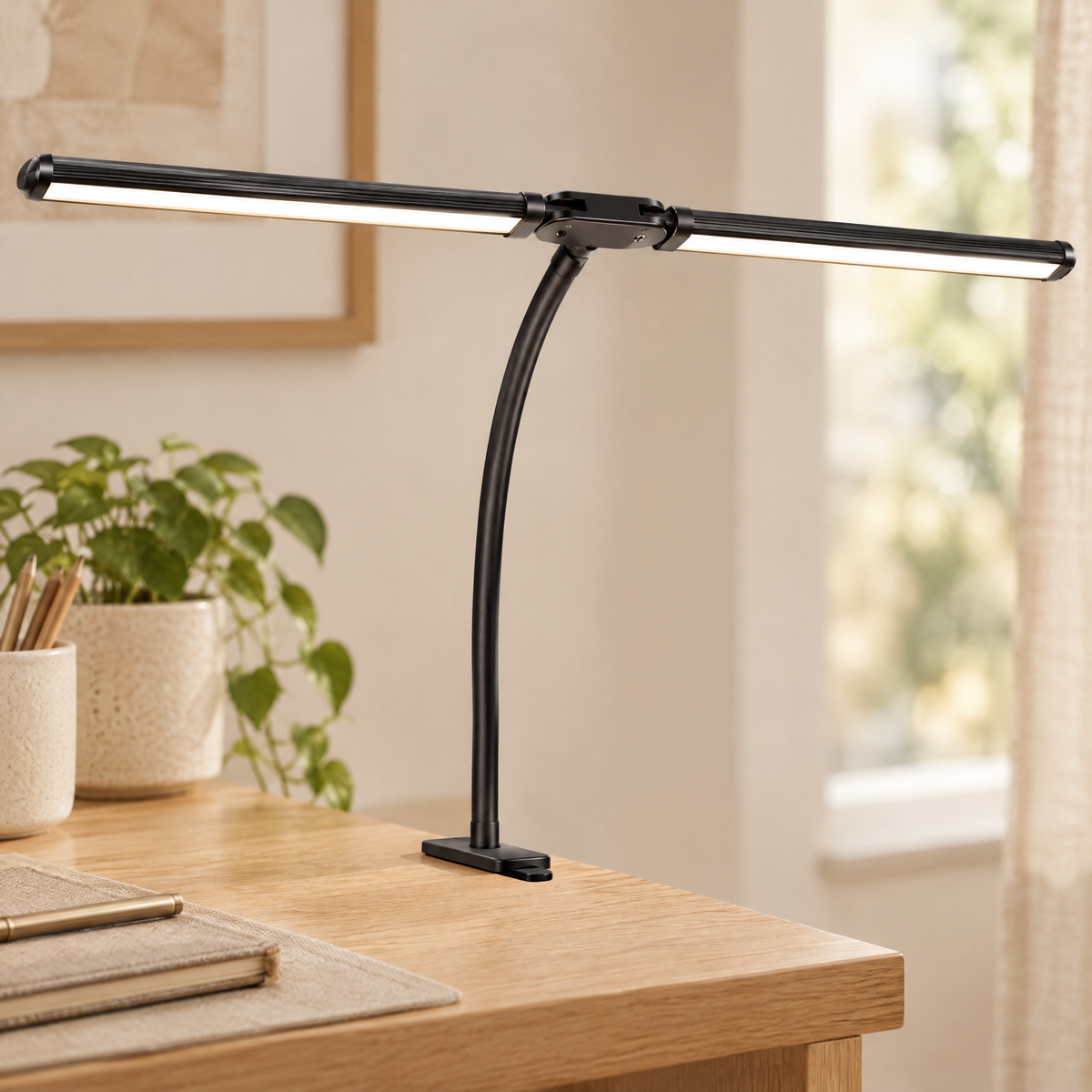 Double-head clamp desk lamp close-up detail