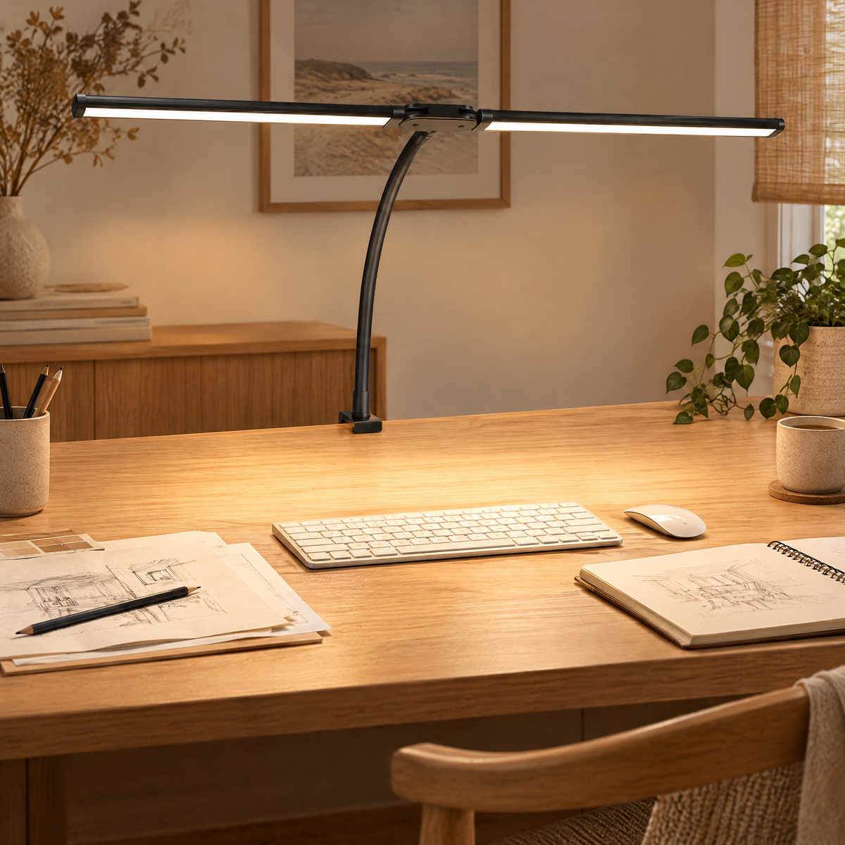 Double-head clamp desk lamp in use