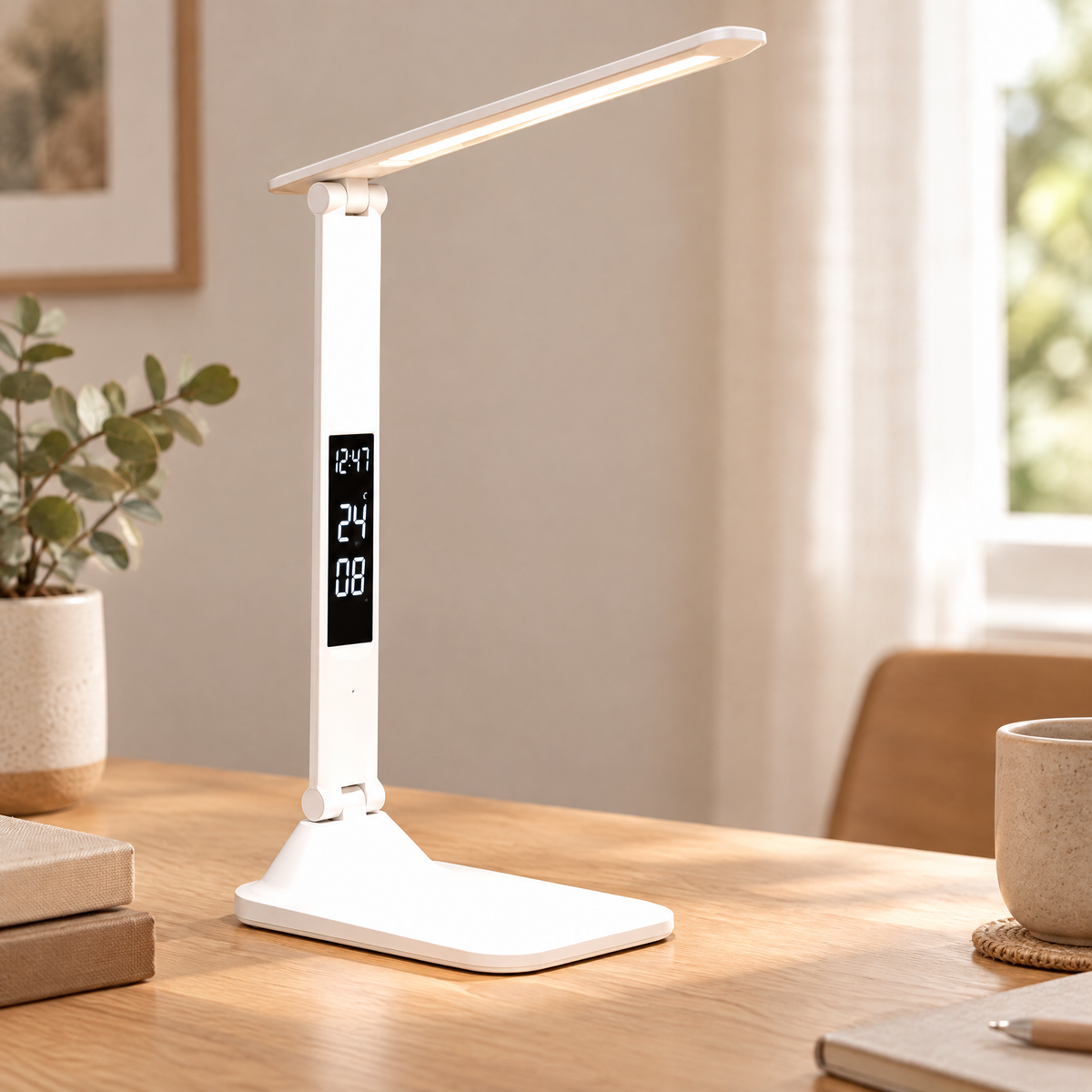 Clock display on the folding desk lamp stem