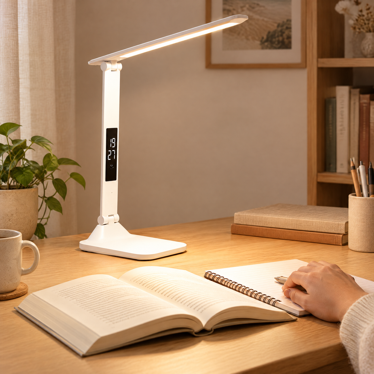 Folding LED desk lamp in use