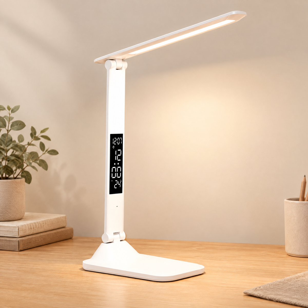 White folding LED desk lamp with clock display
