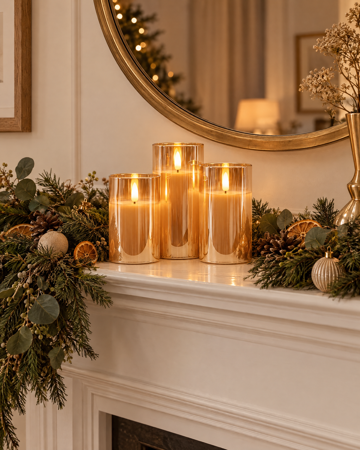 Amber gold LED candle set on a Christmas mantel with pine garland