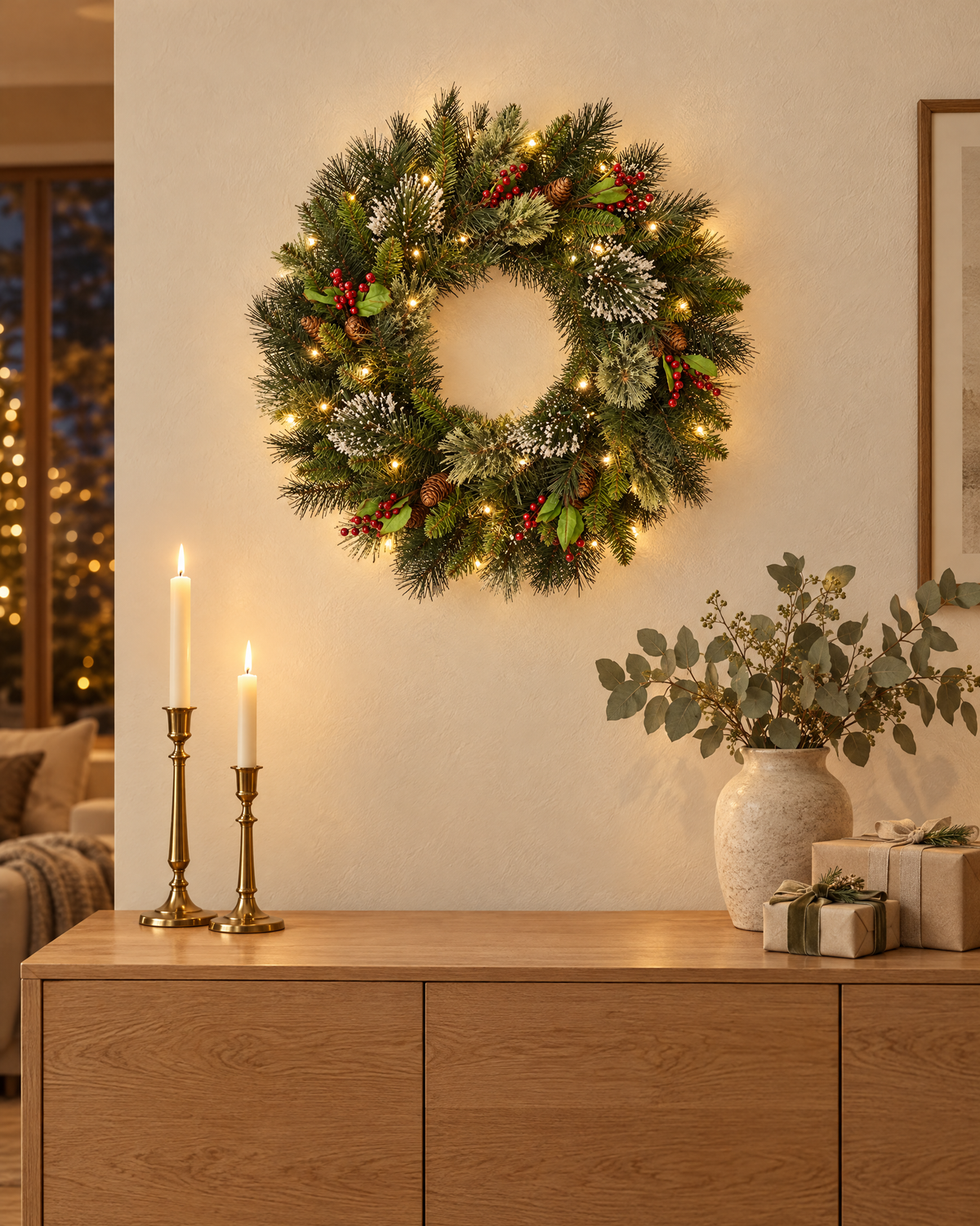Pre-lit Christmas wreath above an oak sideboard