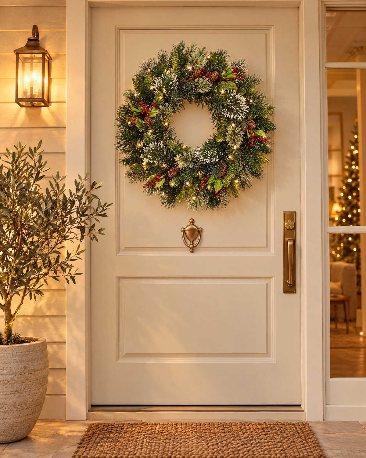 60cm pre-lit Christmas wreath with pine cones and red berries on a cream front door