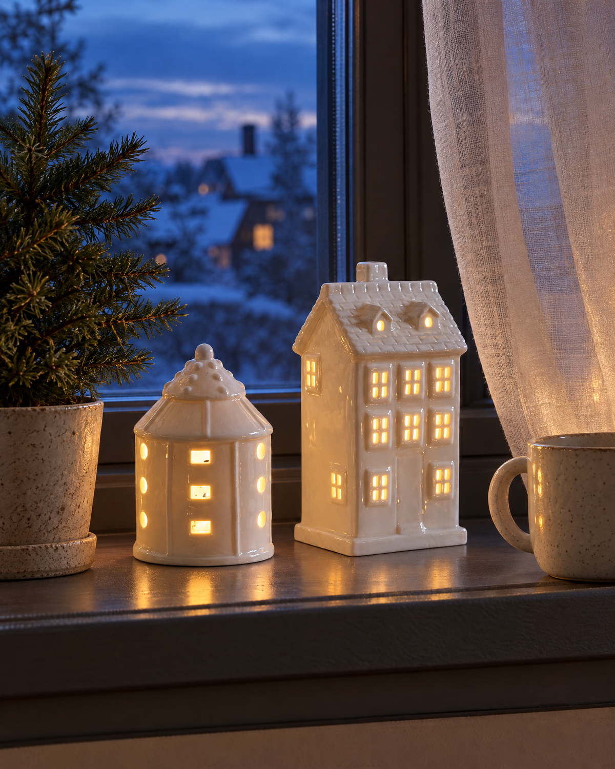 Glowing ceramic houses on a window sill at dusk
