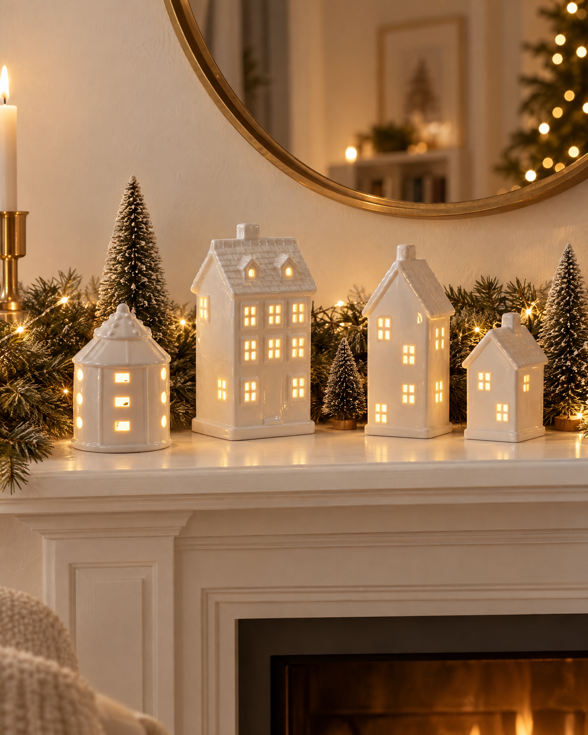 White ceramic light-up Christmas village houses on a mantel