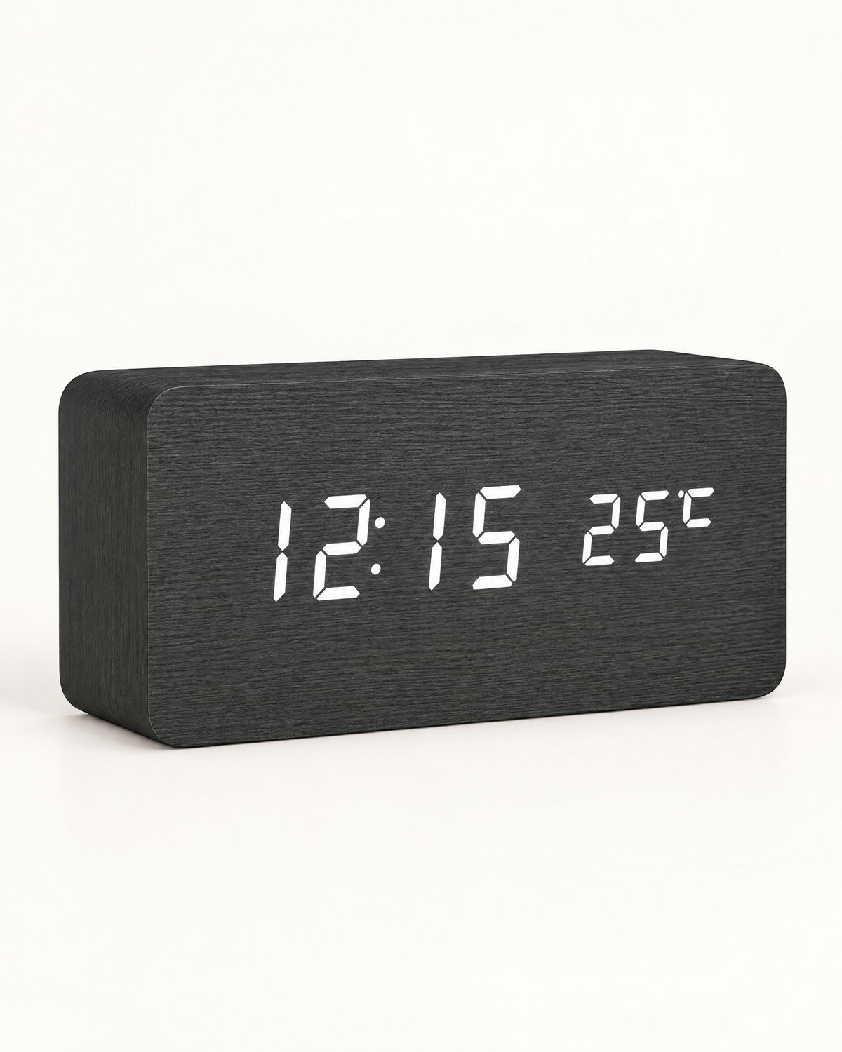 Wood-Look LED Alarm Clock — Black, front view
