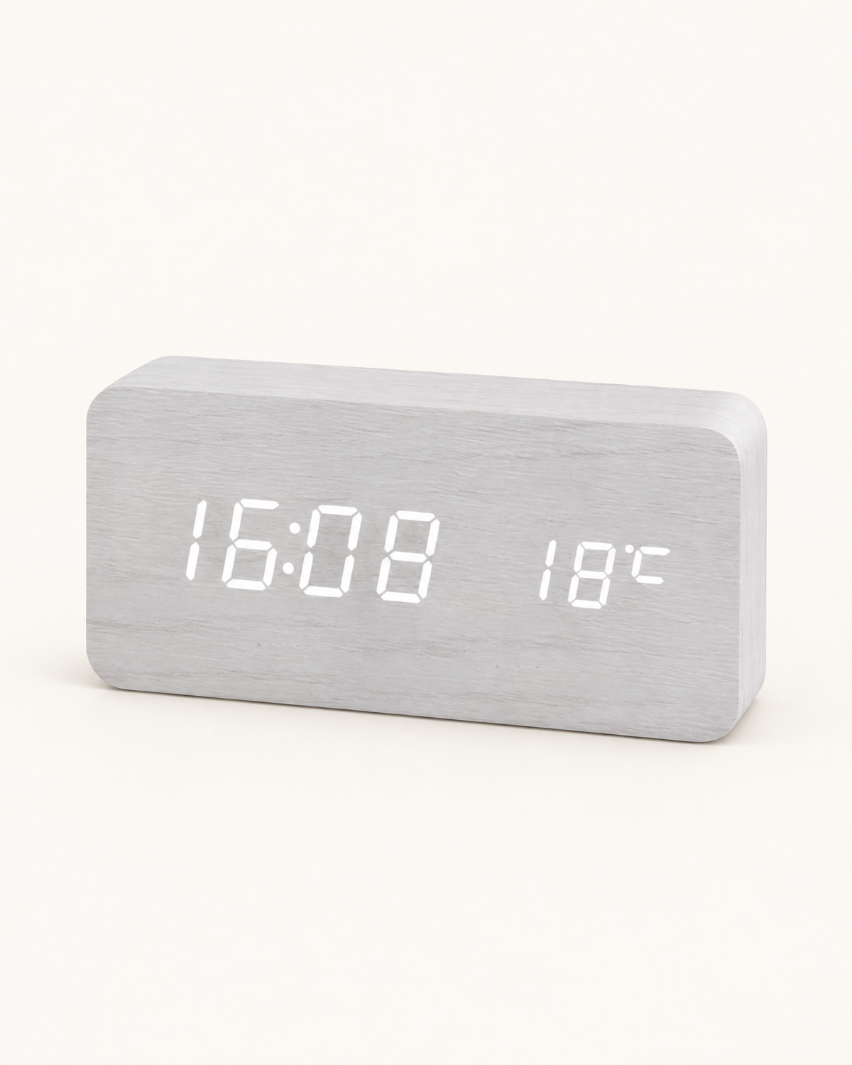 Wood-Look LED Alarm Clock — White, front view
