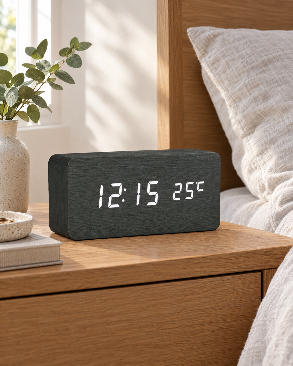 Wood-Look LED Alarm Clock — room setting