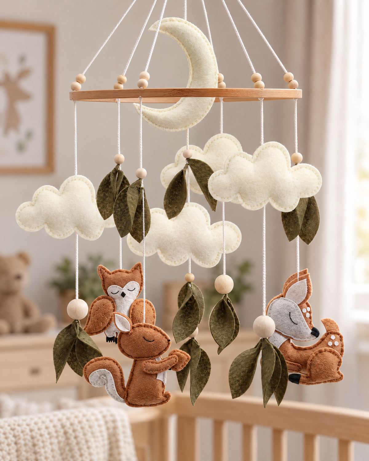 Woodland Felt Baby Mobile — close-up detail