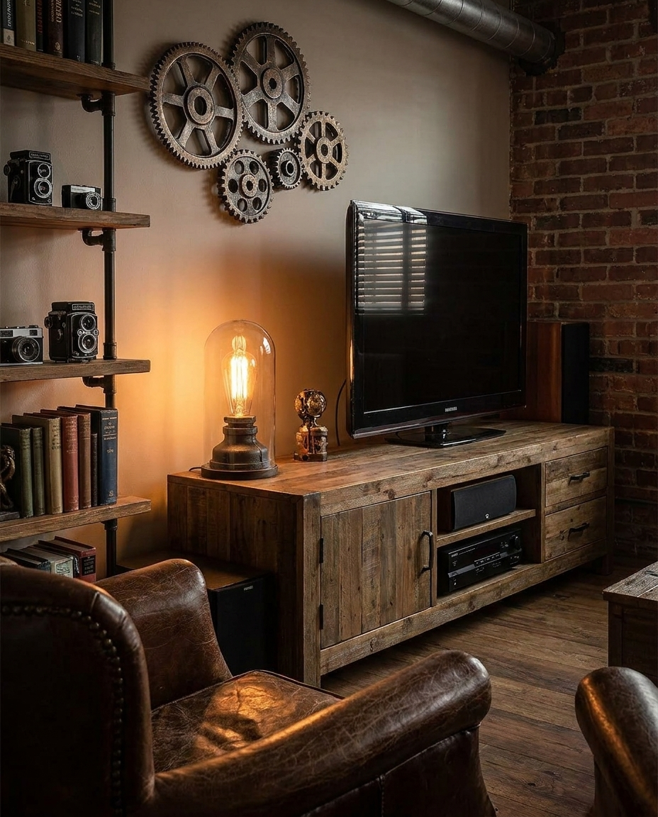 Industrial steampunk table lamp with glass shade on a media console